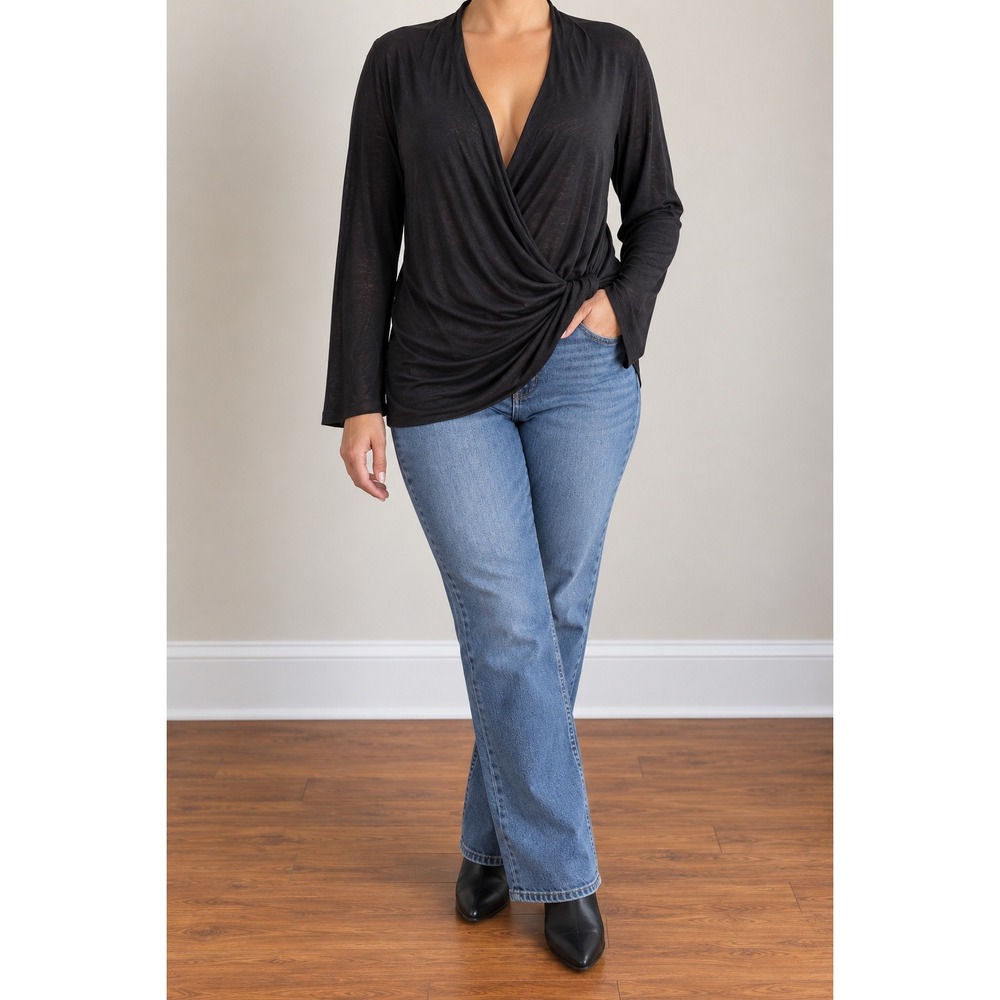 Max Mara Black Draped Jersey Wrap Top XL Asymmetric Plunge V Neck Made in Italy